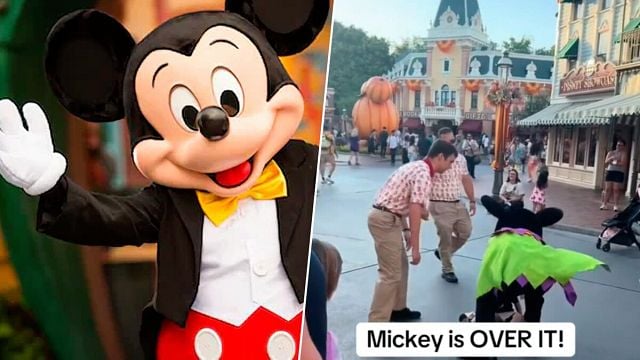 Os mascotes da Disney também se cansam dos visitantes: Assim um ator do Mickey Mouse tenta manter o personagem enquanto repreende um pai