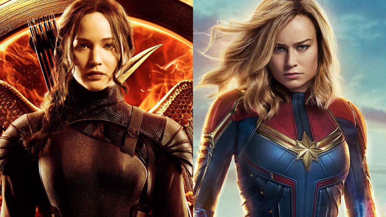 Jennifer Lawrence como Katniss Everdeen em Jogos Vorazes; Brie Larson como Capitã Marvel.