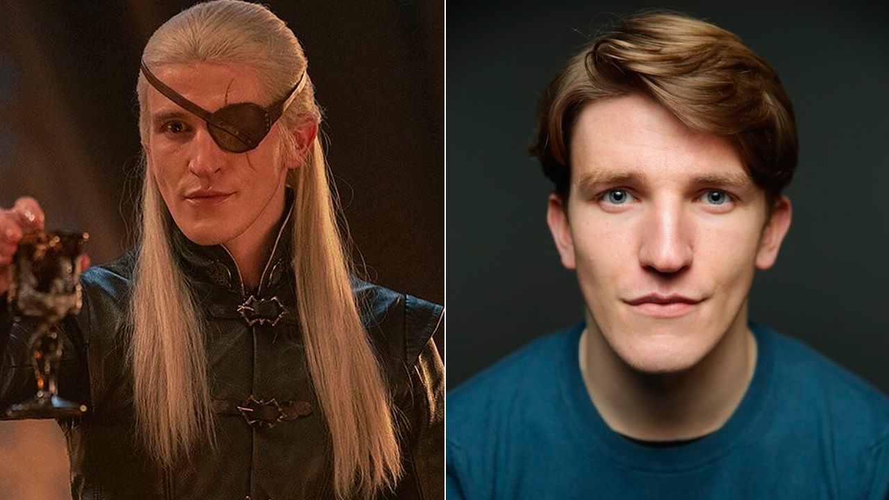 Ewan Mitchell como Aemond Targaryen e na vida real.
