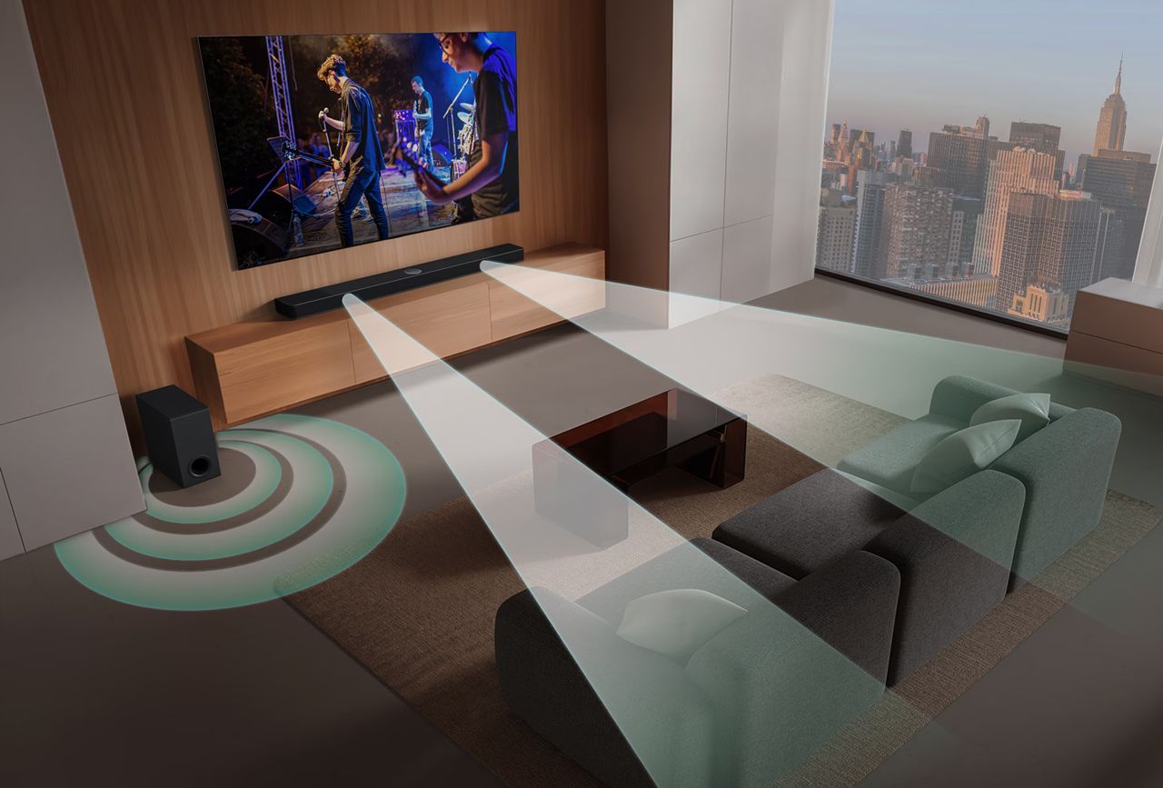 Exemplo de como a soundbar distribui o áudio pelo ambiente