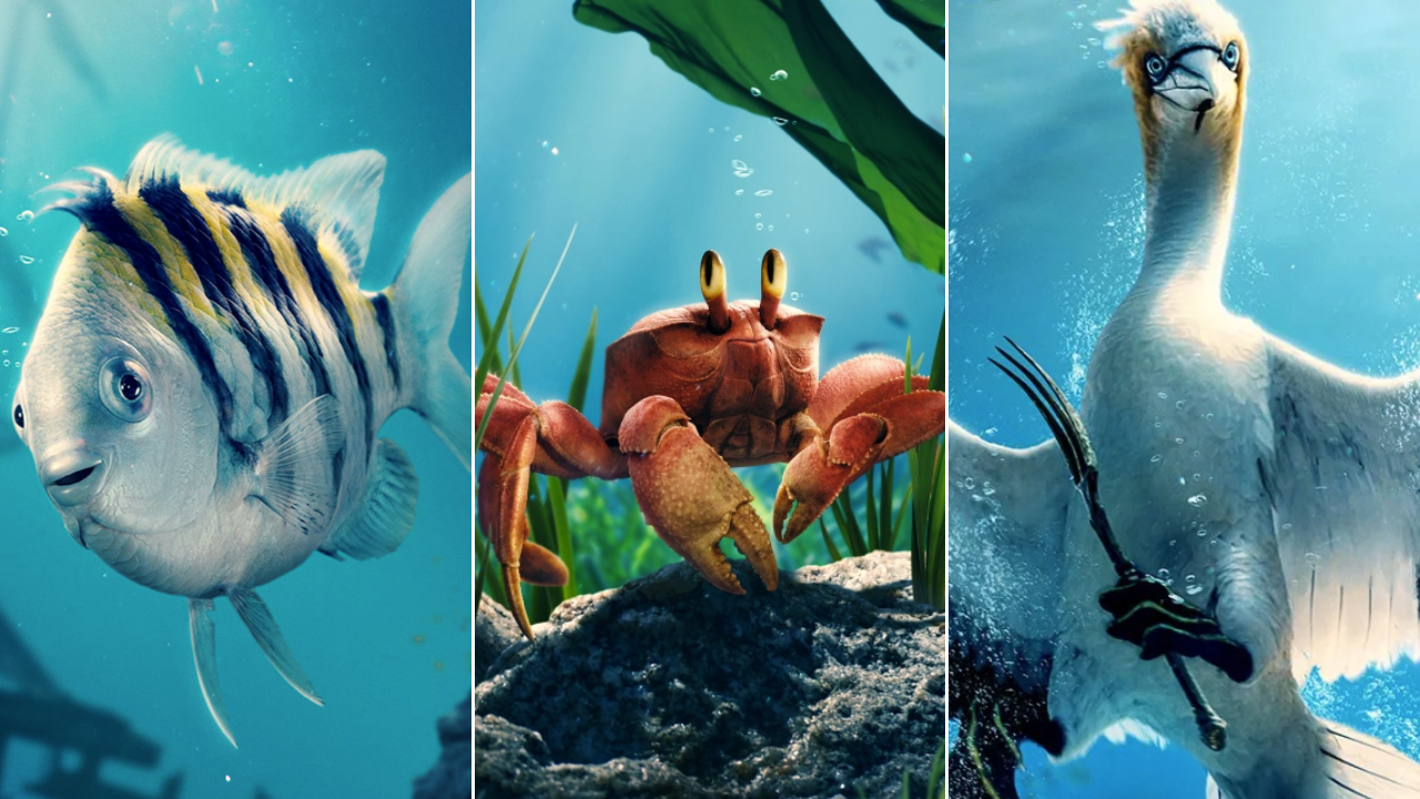 Linguado, Sebastião e Sabidão nos cartazes de A Pequena Sereia.