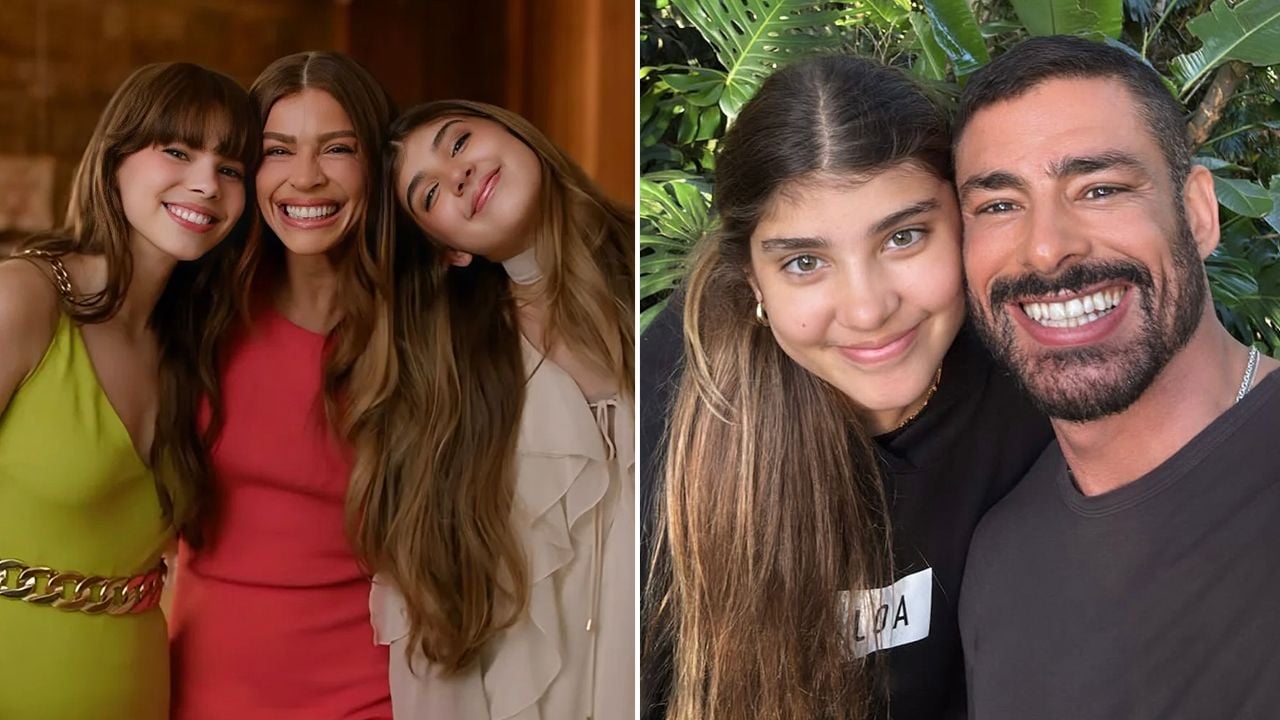 Gabi, Grazi e Sofia na gravação da vinheta, e Sofia ao lado do pai, Cauã Reymond