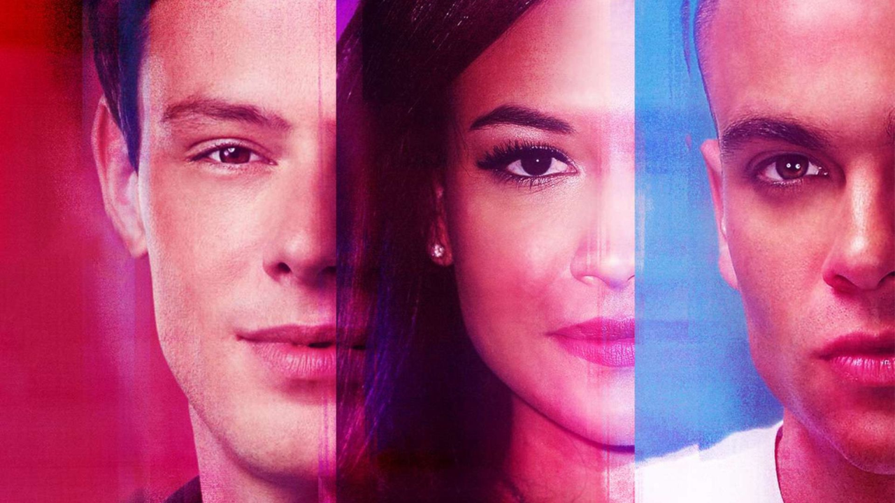  Cory Monteith, Naya Rivera e Mark Salling estampam o material promocional de Glee: O Preço da Fama.
