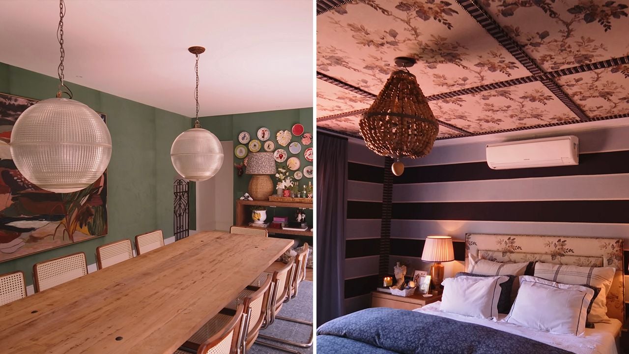 Sala de jantar com luminárias do metrô de Paris e suíte do casal com tecido estampado no teto